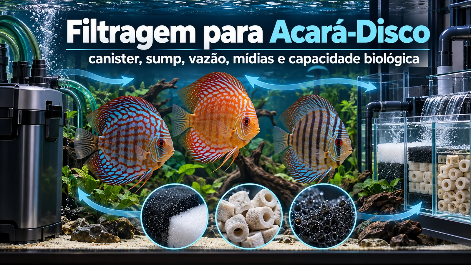 Imagem do post Filtragem para Acará-Disco: canister, sump, vazão, mídias e capacidade biológica
