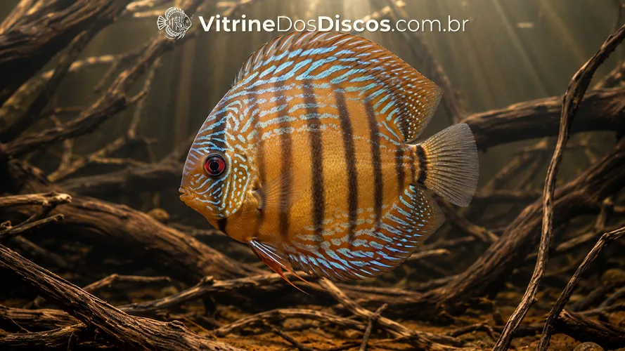 Acará-Disco Semi Royal Brown com fundo castanho, barras verticais e estrias azul-turquesa avançando parcialmente sobre os flancos
